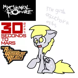 Size: 500x500 | Tagged: safe, artist:ask-derpyspanish, derpibooru import, derpy hooves, pegasus, pony, tumblr:ask-derpyspanish, 30 seconds to mars, all american rejects, emo, female, floppy ears, mare, me gusta, my chemical romance, open mouth, raised hoof, sitting, solo, spanish