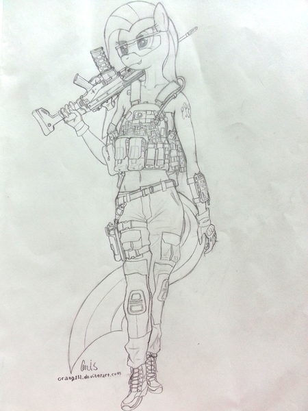 Size: 2448x3264 | Tagged: anthro, armpad computer, artist:orang111, assault rifle, belly button, bushmaster acr, derpibooru import, gun, hmd, lbt 6094, military, monochrome, p226, pinkamena diane pie, pinkie pie, pistol, safe, traditional art, weapon