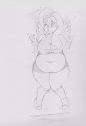 Size: 1294x1884 | Tagged: artist:allymoodyneko, bbw, belly, belly button, big belly, breasts, chubby, clothes, derpibooru import, fat, fat boobs, fattershy, female, fluttershy, flying, human, humanized, monochrome, muffin top, ribbed sweater, socks, solo, solo female, suggestive, sweater, sweater puppies, sweatershy, traditional art, turtleneck, winged humanization