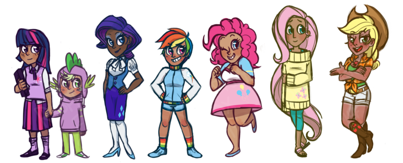 Size: 2131x863 | Tagged: applejack, artist:theraspberryfox, clothes, dark skin, derpibooru import, diversity, donut steel, fluttershy, human, humanized, mane seven, mane six, pinkie pie, rainbow dash, rarity, safe, skirt, spike, twilight sparkle