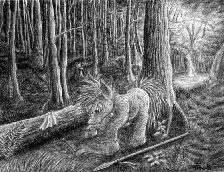 Size: 3192x2448 | Tagged: artist:raedin, derpibooru import, forest, grayscale, monochrome, oc, runes, safe, solo, spear, traditional art, unofficial characters only