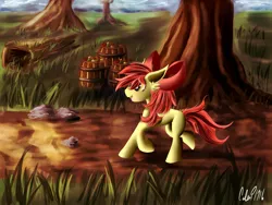 Size: 1600x1200 | Tagged: safe, artist:calebp1716, derpibooru import, apple bloom, apple, barrel, basket, path, solo, tree