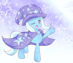 Size: 1473x1283 | Tagged: safe, artist:tenmusfox, derpibooru import, trixie, pony, unicorn, colored pupils, cute, diatrixes, female, mare, one eye closed, open mouth, pixiv, solo, stars