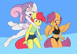 Size: 4872x3424 | Tagged: suggestive, artist:ambris, derpibooru import, apple bloom, scootaloo, sweetie belle, anthro, earth pony, pegasus, unguligrade anthro, unicorn, belly button, bikini, breasts, chest fluff, clothes, colored, cutie mark crusaders, delicious flat chest, eyes closed, female, flattle bloom, midriff, multiple variants, older, one eye closed, open mouth, scootaflat, swimsuit, water