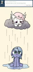 Size: 641x1397 | Tagged: artist:arvaus, ask woona and tia, cewestia, cloud, cute, derpibooru import, filly, prank, princess celestia, princess luna, rain, raincloud, safe, tumblr, wet, wet mane, woona