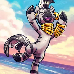 Size: 1600x1600 | Tagged: artist:kp-shadowsquirrel, beach, cute, derpibooru import, eyes closed, female, happy, open mouth, safe, solo, water, zebra, zecora, zecorable