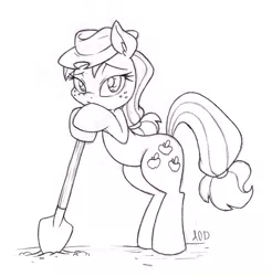 Size: 1475x1500 | Tagged: applejack, artist:dfectivedvice, bipedal leaning, derpibooru import, grayscale, looking at you, monochrome, resting, safe, shovel, sketch, solo, traditional art, working