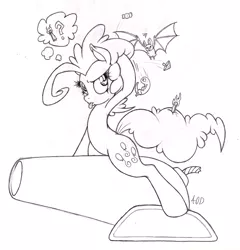 Size: 1442x1500 | Tagged: safe, artist:dfectivedvice, derpibooru import, pinkie pie, animal, cannon, fire, grayscale, lineart, messy, monochrome, pictogram, riding, sitting, sketch, solo, straddling, tongue out, traditional art