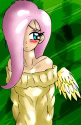 Size: 1405x2174 | Tagged: artist:alcasar-reich, blushing, clothes, derpibooru import, fluttershy, human, humanized, off shoulder, safe, solo, sweater, sweatershy, winged humanization