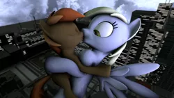 Size: 1280x720 | Tagged: safe, derpibooru import, button mash, derpy hooves, pegasus, pony, 3d, blushing, city, female, flying, gm bigcity, kissing, lips, male, mare, shipping, source filmmaker, straight, surprise kiss, surprised