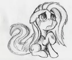 Size: 2716x2268 | Tagged: safe, artist:otto720, derpibooru import, fluttershy, crying, injured, monochrome, solo, traditional art