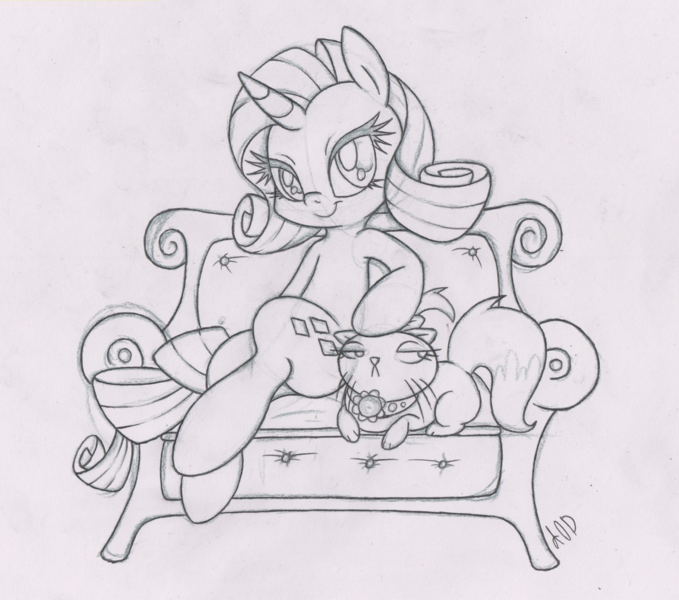 Size: 2216x1957 | Tagged: artist:dfectivedvice, couch, derpibooru import, grayscale, monochrome, opalescence, rarity, safe, sitting, sketch, traditional art