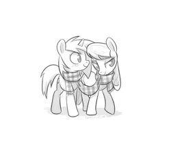 Size: 700x592 | Tagged: safe, artist:naroclie, derpibooru import, octavia melody, vinyl scratch, clothes, female, lesbian, monochrome, scarf, scratchtavia, shared clothing, shared scarf, shipping