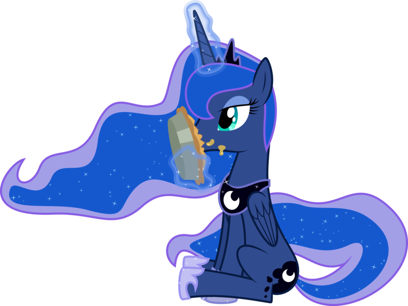 Size: 8528x6400 | Tagged: absurd resolution, artist:parclytaxel, derpibooru import, eating, food, magic, messy eating, pie, princess luna, safe, simple background, sitting, solo, .svg available, telekinesis, transparent background, vector