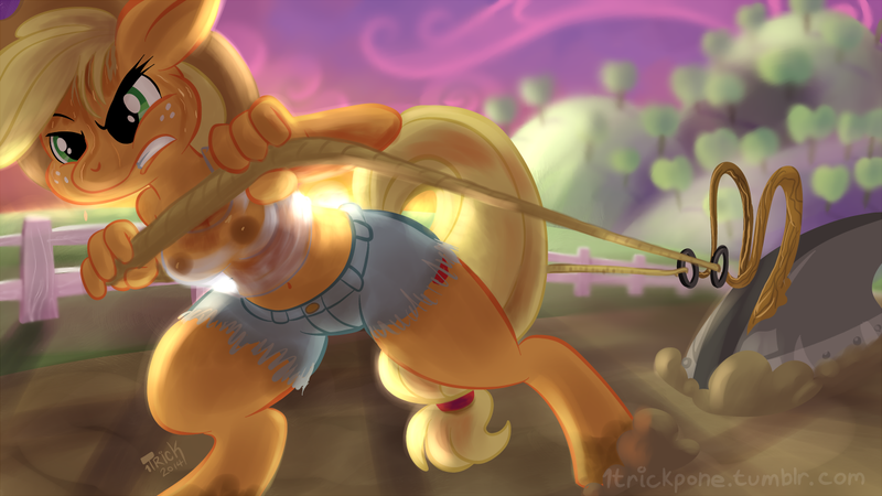 Size: 1200x675 | Tagged: anthro, applejack, artist:1trick, backlighting, belly button, breasts, clothes, daisy dukes, female, fence, freckles, nipples, nudity, plow, pulling, questionable, solo, solo female, sweat, unguligrade anthro, wet shirt, working