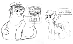 Size: 2660x1617 | Tagged: safe, artist:pit pone, derpibooru import, peachy pitt, rainbow dash, pony, unicorn, banner, banner bright, belly, boater, chubby cheeks, fat, female, hat, mare, market, monochrome, morbidly obese, newspaper, notice, obese, rolls of fat, sales-mare, salespony, straw hat, weight gain