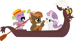 Size: 1024x578 | Tagged: artist:medio-cre, boat, button mash, derpibooru import, discord, female, gondola, guitar, male, safe, shipper on deck, shipping, simple background, spike, straight, sweetie belle, sweetiemash, transparent background, vector