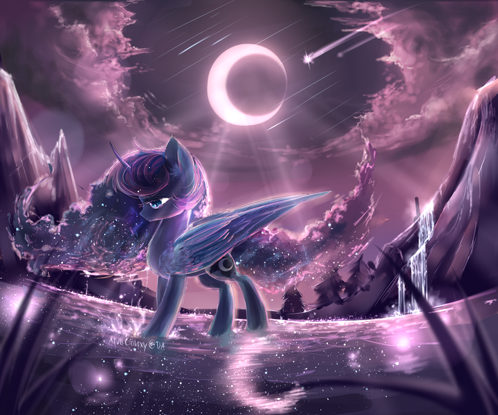 Size: 3000x2500 | Tagged: artist:aquagalaxy, cloud, crepuscular rays, crescent moon, derpibooru import, ear fluff, ethereal mane, galaxy mane, meteor shower, moon, night, princess luna, safe, scenery, shooting star, sky, solo, starry mane, stars, water, waterfall