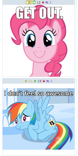 Size: 271x543 | Tagged: derpibooru, derpibooru import, exploitable meme, get out, juxtaposition, juxtaposition win, meme, meta, pinkie pie, rainbow dash, safe, text