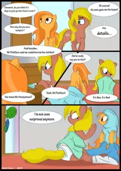 Size: 2976x4210 | Tagged: safe, artist:wonkysole, derpibooru import, oc, oc:anon, oc:cinnamon swirl, oc:sunny skyes, unofficial characters only, earth pony, pony, awkward, awkward moment, briefs, caught, clothes, comic, cute, diabetes, dialogue, door, dressing, female, funny, legends of equestria, mare, misspelling, tail hole, tail through underwear, tighty whities, underwear