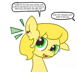 Size: 640x600 | Tagged: artist:ficficponyfic, derpibooru import, dialogue, earring, oc, oc:golden brisk, offscreen character, safe, solo, the gay ear, unofficial characters only