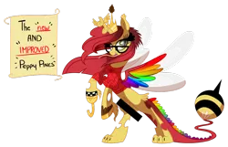 Size: 1114x717 | Tagged: safe, artist:pepooni, derpibooru import, oc, oc:peppy pines, unofficial characters only, alicorn, bee, changeling, draconequus, pony, alicorn oc, censor bar, colored wings, glasses, holes, multicolored wings, rainbow wings, simple background, snake tongue, solo, transparent background, vector