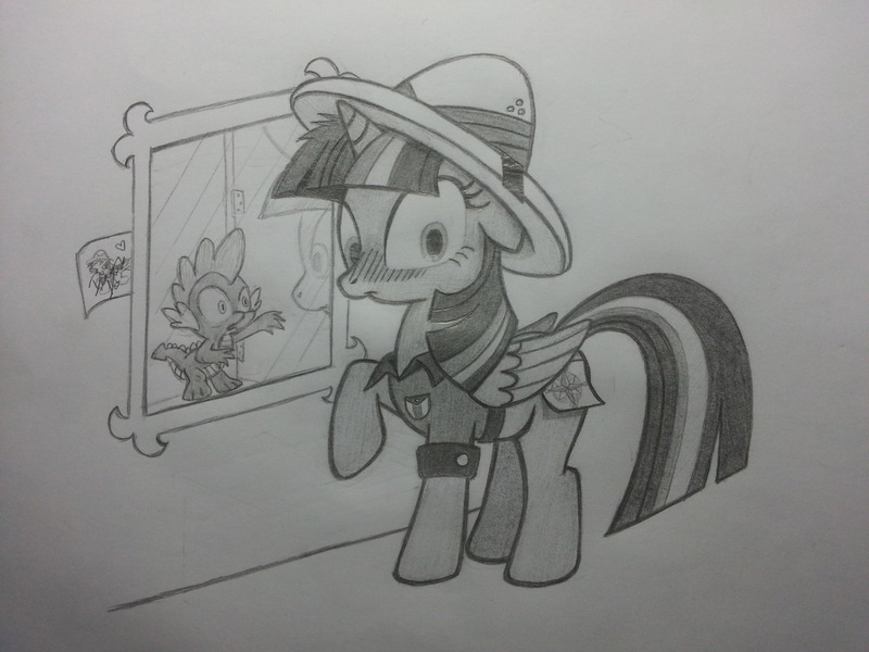 Size: 2048x1536 | Tagged: safe, artist:lockerobster, derpibooru import, daring do, spike, twilight sparkle, twilight sparkle (alicorn), alicorn, pony, clothes, cosplay, costume, female, hat, mare, mirror, monochrome, traditional art