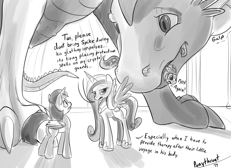 Size: 900x652 | Tagged: questionable, artist:ponythroat, derpibooru import, princess cadance, spike, twilight sparkle, twilight sparkle (alicorn), alicorn, crystal pony, dragon, pony, abdominal bulge, adult spike, butt, dialogue, dragons eating horses, female, fetish, gluttony, grayscale, guard, guards, implied full tour, mare, monochrome, non-fatal vore, not again, older, plot, predator, prey, soft vore, spipred, tasty empire, throat bulge, vore