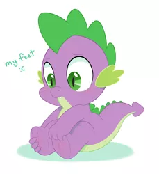Size: 1280x1400 | Tagged: safe, artist:acstlu, derpibooru import, spike, dragon, :c, baby, baby dragon, blushing, claws, cute, dialogue, fangs, feet, frown, itchy, male, male feet, paws, simple background, solo, spikabetes, text, underfoot, white background