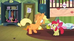 Size: 879x494 | Tagged: apple bloom, applejack, derpibooru import, good end, hub logo, meme, safe, scootaloo, somepony to watch over me, under the bed