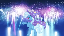 Size: 2560x1440 | Tagged: safe, artist:kp-shadowsquirrel, artist:spier17, derpibooru import, trixie, pony, unicorn, female, fireworks, mare, solo, wallpaper