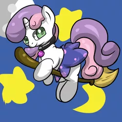 Size: 2000x2000 | Tagged: artist:nimitea, artist:screwballthepirate, broom, clothes, collar, crescent moon, derpibooru import, flying, flying broomstick, looking back, moon, safe, skirt, smiling, solo, stars, sweetie belle