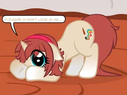 Size: 640x480 | Tagged: safe, artist:aha-mccoy, derpibooru import, oc, oc:corel, unofficial characters only, pony, unicorn, covering face, female, gradient hooves, mare, personality swap, shy, solo, speech bubble, tumblr