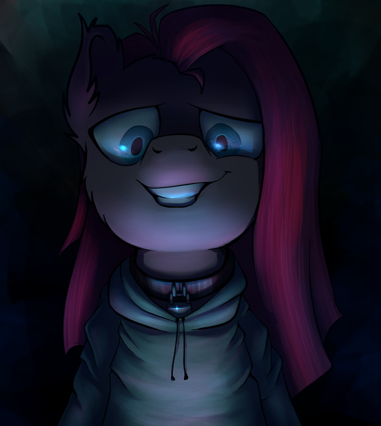 Size: 911x1019 | Tagged: safe, artist:eto ya, artist:ghst-qn, artist:kaermter, derpibooru import, pinkie pie, earth pony, pony, clothes, collaboration, collar, dark, hoodie, looking at you, pinkamena diane pie, solo