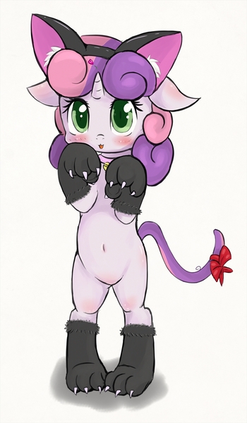Size: 1050x1800 | Tagged: safe, artist:zokkili, derpibooru import, sweetie belle, pony, animal costume, bell collar, belly button, bipedal, cat bell, cat costume, clothes, collar, cute, diasweetes, kitty belle, solo