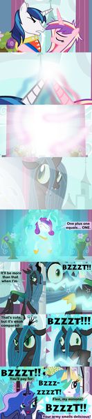 Size: 1280x5760 | Tagged: safe, artist:beavernator, derpibooru import, edit, edited screencap, screencap, princess cadance, princess celestia, princess luna, queen chrysalis, shining armor, alicorn, changeling, changeling queen, pony, protoss, a canterlot wedding, archon, bug zapper, comic, crossover, female, fusion, magic, male, mare, screencap comic, stallion, starcraft