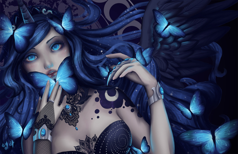 Size: 1224x792 | Tagged: artist:saintprecious, beautiful, butterfly, clothes, cutie mark, derpibooru import, dress, henna, human, humanized, jewelry, princess luna, safe, solo