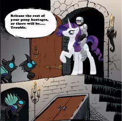 Size: 750x740 | Tagged: changeling, exploitable meme, knock knock meme, meme, rarity, robocop, safe