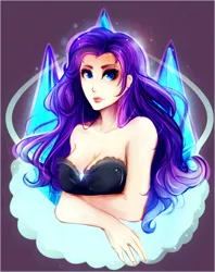 Size: 2300x2900 | Tagged: suggestive, artist:koveliana, derpibooru import, rarity, human, breasts, bust, chromatic aberration, cleavage, colored pupils, color porn, female, humanized, solo, solo female