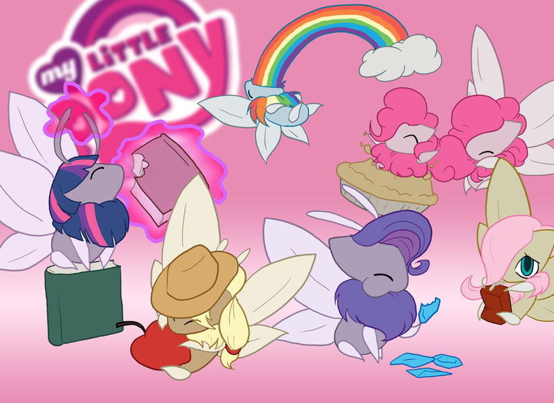 Size: 1024x745 | Tagged: apple, applejack, artist:toughset, book, derpibooru import, fluttershy, juice box, mane six, moth, mothpony, my little x, original species, pie, pinkie pie, rainbow, rainbow dash, rarity, safe, species swap, twilight sparkle