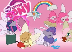 Size: 1024x745 | Tagged: apple, applejack, artist:toughset, book, derpibooru import, fluttershy, juice box, mane six, moth, mothpony, my little x, original species, pie, pinkie pie, rainbow, rainbow dash, rarity, safe, species swap, twilight sparkle