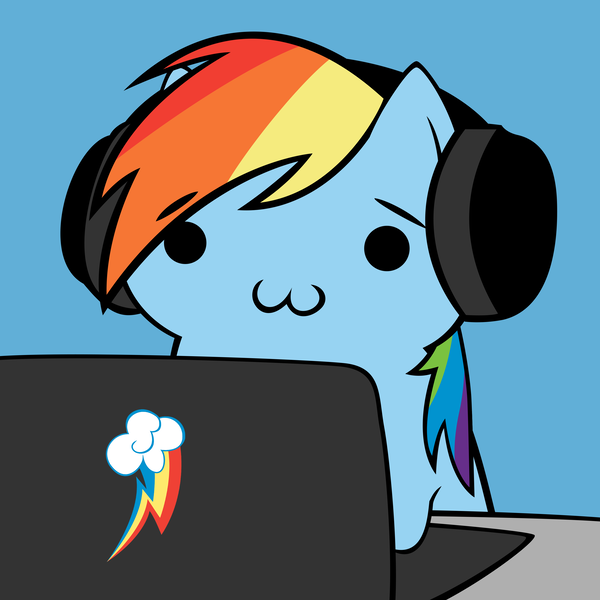 Size: 3000x3000 | Tagged: safe, artist:thematrixman, derpibooru import, rainbow dash, :3, computer, cute, headphones, high res, laptop computer, solo, syobon