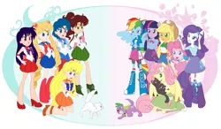 Size: 2673x1563 | Tagged: safe, artist:immortaltanuki, derpibooru import, applejack, fluttershy, pinkie pie, rainbow dash, rarity, spike, twilight sparkle, twilight sparkle (alicorn), cat, dog, equestria girls, aino minako, amy anderson, artemis (sailor moon), clothes, creepy, creepy ponies, crossover, friendship-ified, hino rei, kino makoto, lita kino, luna (sailor moon), mane six, mina aino, mizuno ami, ponied up, raye hino, sailor mars, sailor mercury, sailor moon, sailor venus, serena tsukino, skirt, spike the dog, tanktop, tsukino usagi