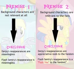 Size: 728x680 | Tagged: safe, derpibooru import, derpy hooves, flash sentry, pegasus, pony, rainbow falls, background pony, background pony strikes again, drama, drama bait, female, infographic, mare, shitposting, troll, vulgar