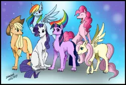 Size: 1024x687 | Tagged: safe, artist:shikidark, derpibooru import, applejack, fluttershy, pinkie pie, rainbow dash, rarity, twilight sparkle, wolf, flutterwolf, mane six, pinkie wolf, species swap, twiwolf, wolf dash, wolfity, wolfjack, wolves