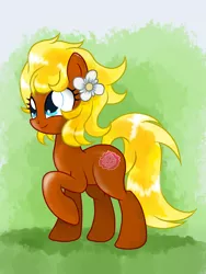 Size: 1536x2048 | Tagged: safe, artist:ruhisu, derpibooru import, caramel, oc, oc:rose, unofficial characters only, pony, blonde, blonde hair, commission, cute, female, flower, mare, raised hoof, smiling, solo, spring, standing, sunny