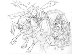 Size: 1400x1048 | Tagged: artist:irie-mangastudios, cloven hooves, crossover, derpibooru import, fight, fluttershy, g1, grogar, injured, male, monochrome, one piece, pencil drawing, ram, reindeer, safe, sheep, shining armor, tony tony chopper, versus