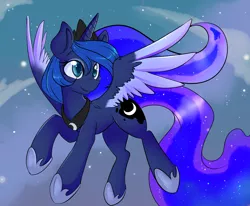 Size: 2550x2100 | Tagged: safe, artist:lustrous-dreams, derpibooru import, princess luna, alicorn, pony, cloud, colored wings, colored wingtips, ethereal mane, female, flying, hoof shoes, mare, sky, smiling, solo, spread wings, starry mane, stars, windswept mane, wings