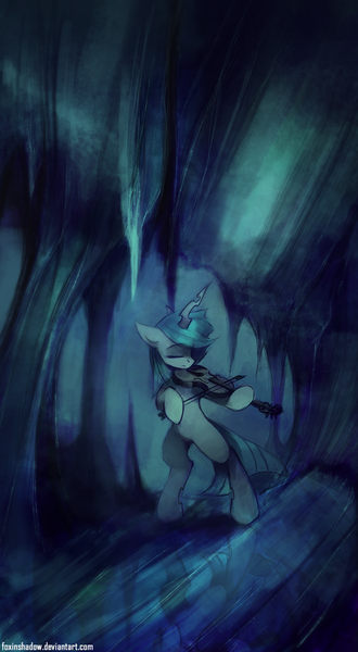 Size: 620x1127 | Tagged: artist:foxinshadow, changeling, derpibooru import, ice, safe, solo, violin