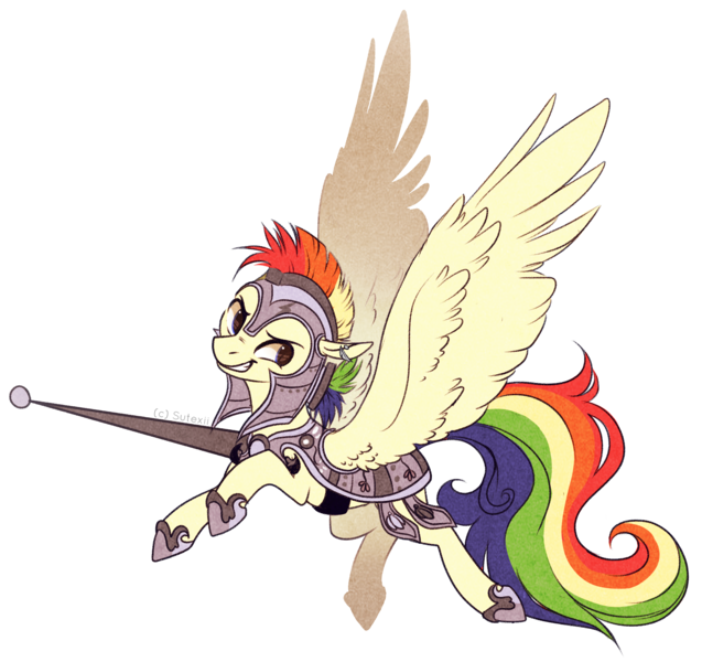 Size: 2667x2514 | Tagged: safe, artist:sutexii, derpibooru import, oc, oc:ivory bolt, unofficial characters only, pegasus, pony, armor, earring, female, flying, jousting, mare, rainbow hair, solo, spread wings, wings